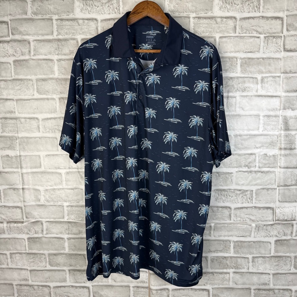 Puma Mens Golf Polo Shirt XL Blue Palm Tree Tropical Short Sleeve Performance
